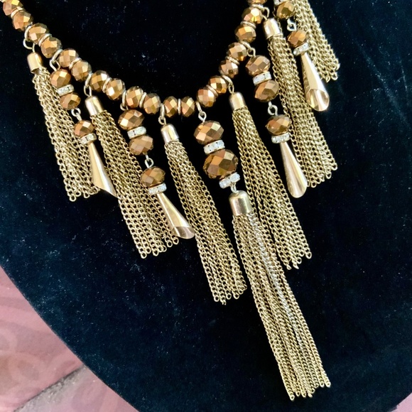 Two Stunning Golden Bronze NECKLACES Gold TASSEL  ⭐️GLASS FACETED BEAD - Picture 3 of 17